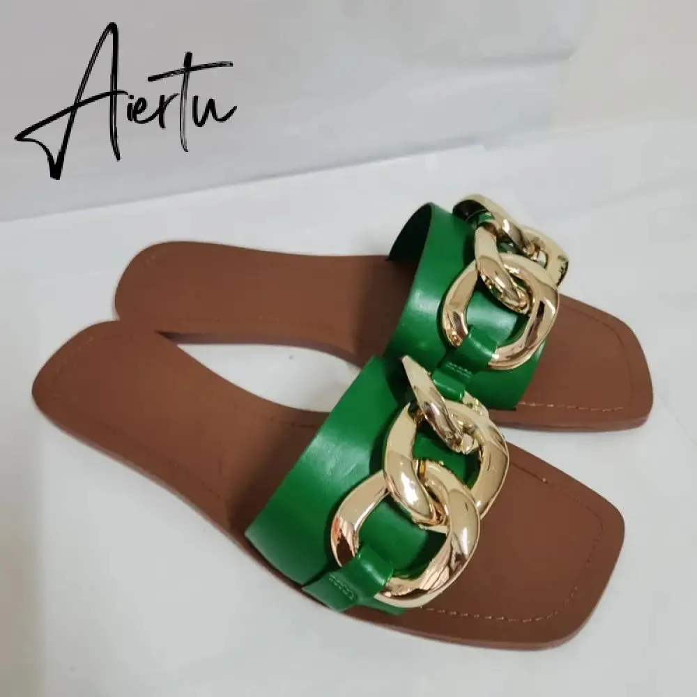 TRAF  Summer Women Flat Sandals Green Metal Chain Slippers Slip on Sandals Slides Peep Toe Beach Shoes Comfortable Flats