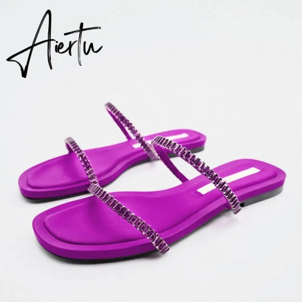 TRAF  Summer Women Flat Sandals Green Metal Chain Slippers Slip on Sandals Slides Peep Toe Beach Shoes Comfortable Flats