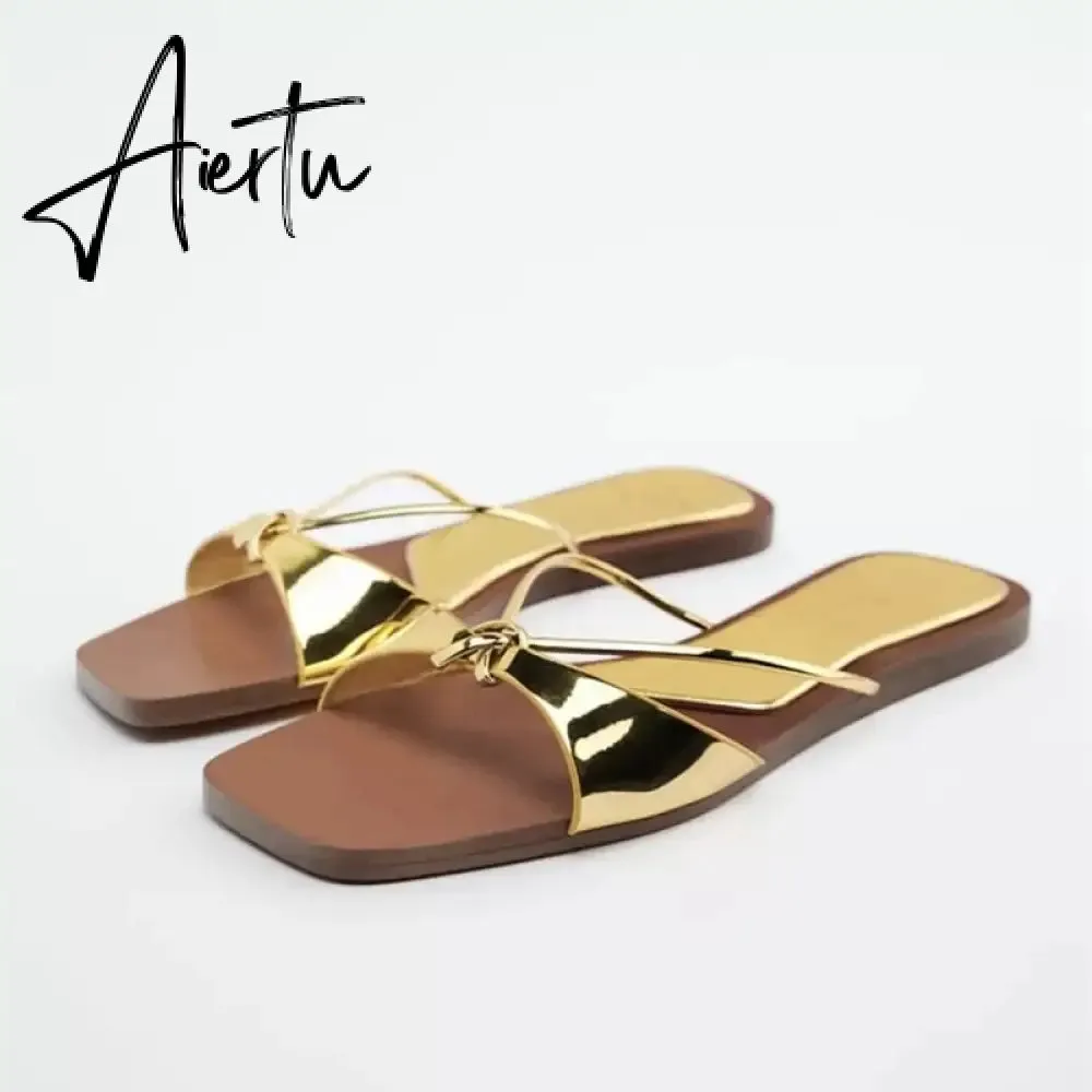 TRAF  Summer Women Flat Sandals Green Metal Chain Slippers Slip on Sandals Slides Peep Toe Beach Shoes Comfortable Flats