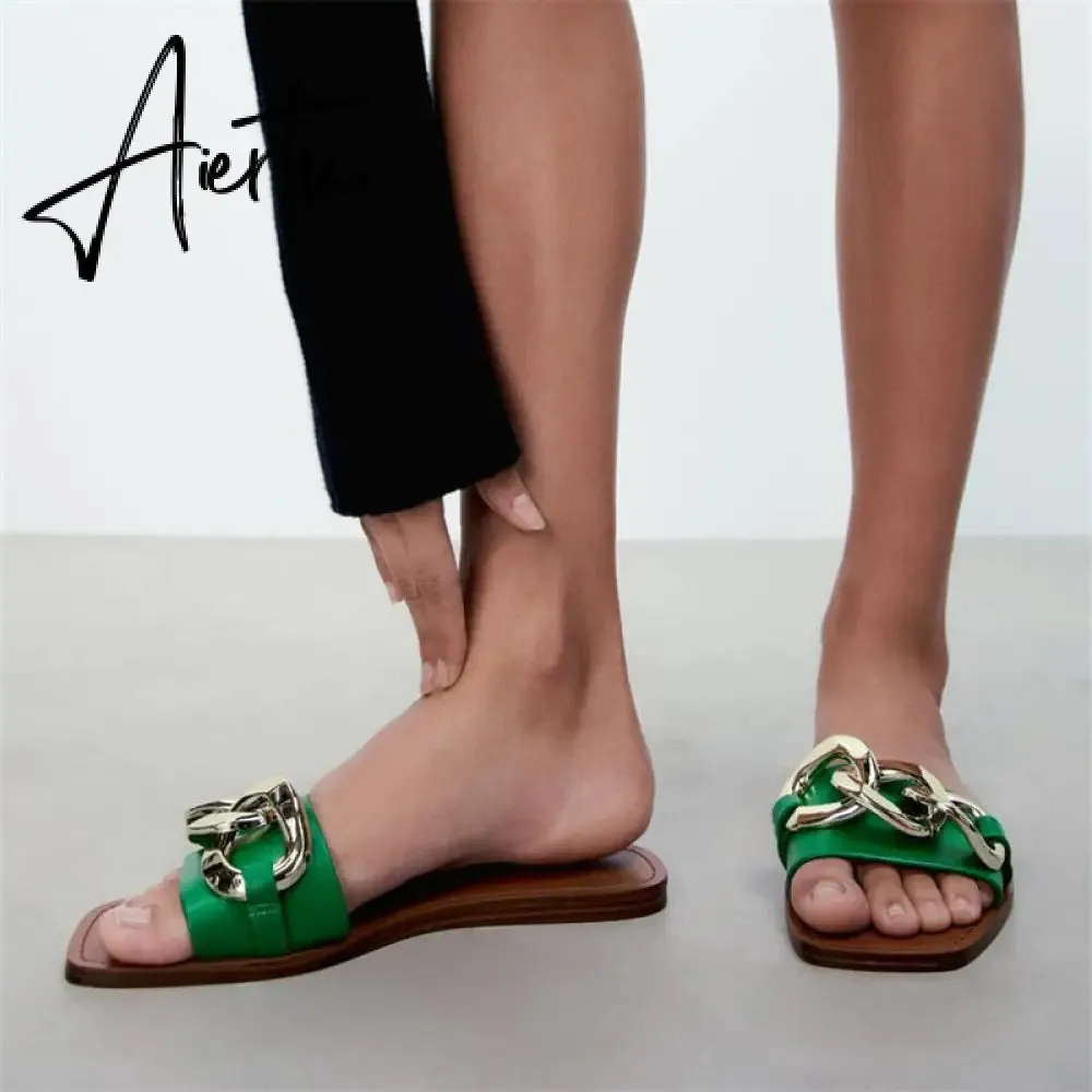 TRAF  Summer Women Flat Sandals Green Metal Chain Slippers Slip on Sandals Slides Peep Toe Beach Shoes Comfortable Flats