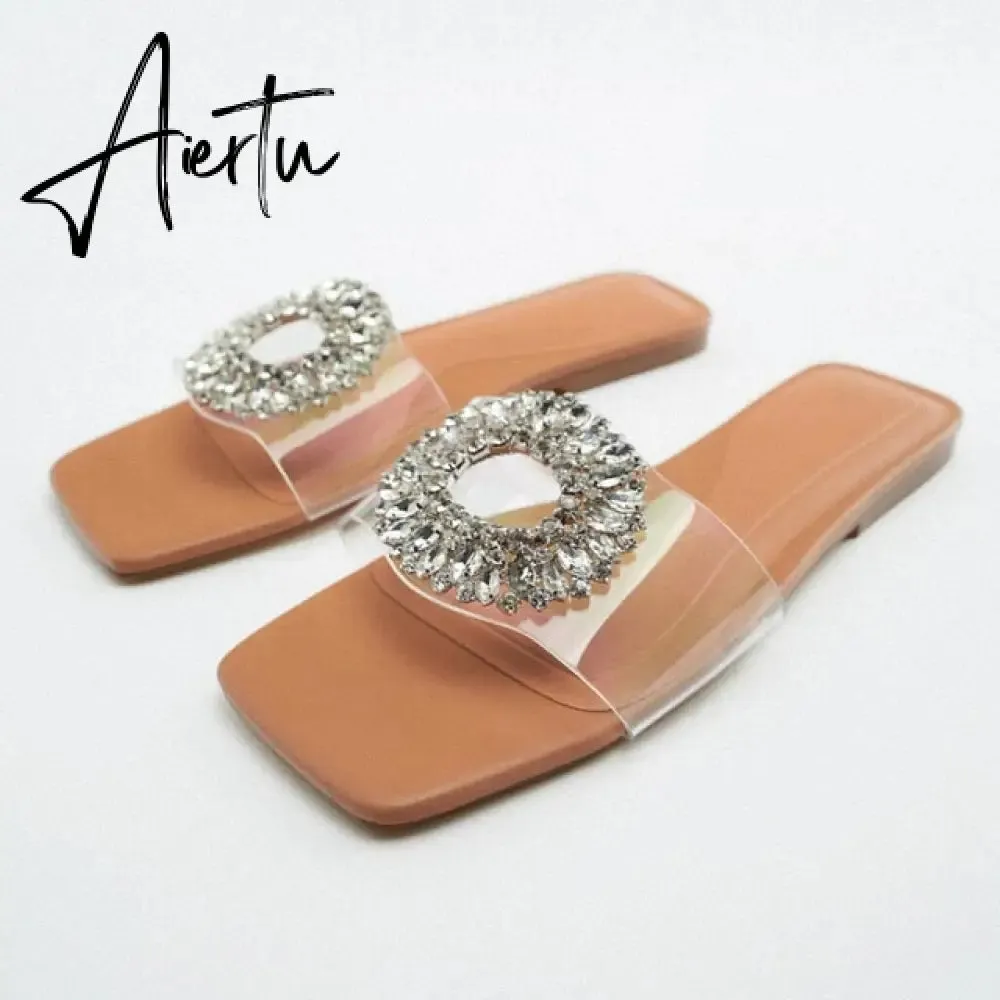 TRAF  Summer Women Flat Sandals Green Metal Chain Slippers Slip on Sandals Slides Peep Toe Beach Shoes Comfortable Flats