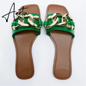 TRAF  Summer Women Flat Sandals Green Metal Chain Slippers Slip on Sandals Slides Peep Toe Beach Shoes Comfortable Flats