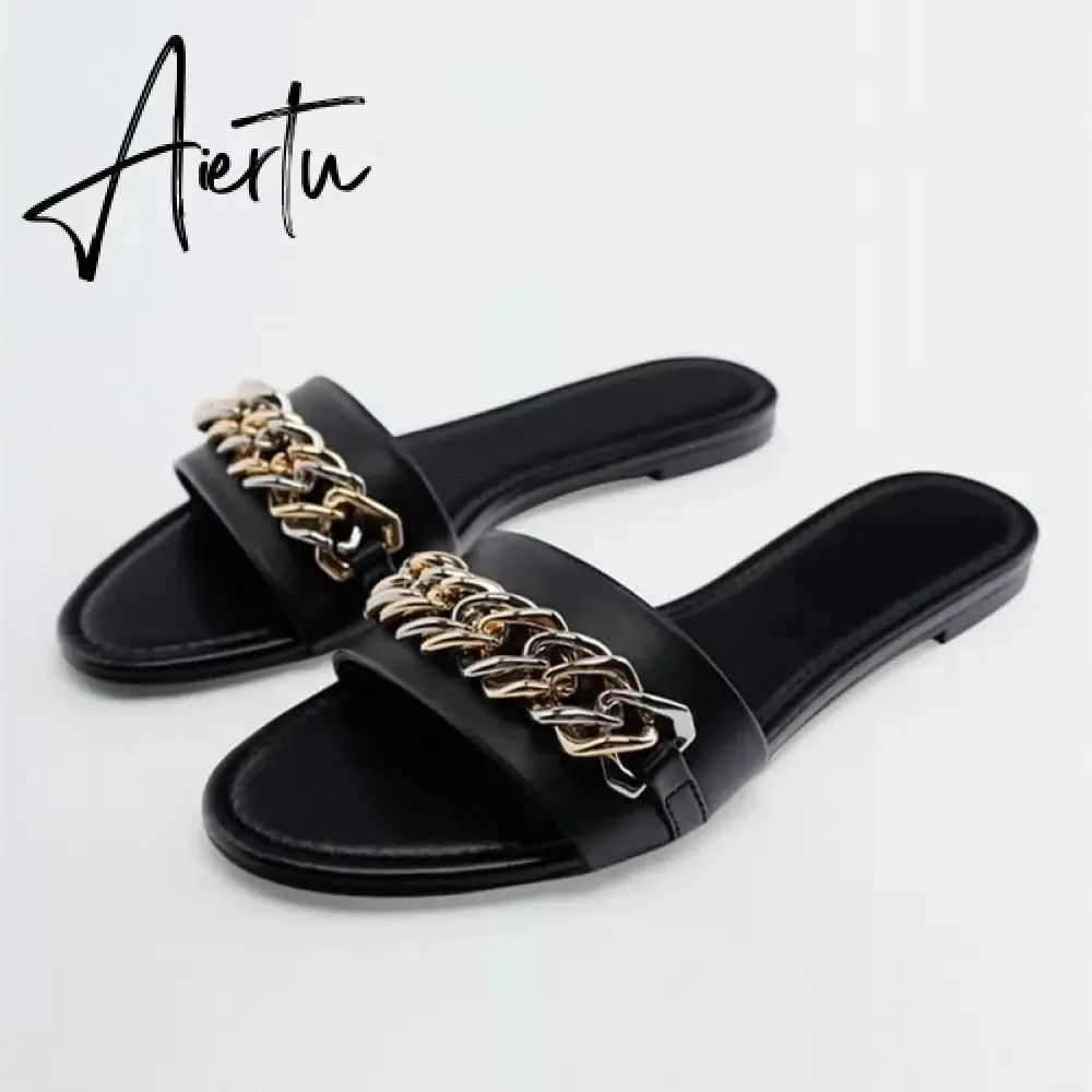 TRAF  Summer Women Flat Sandals Green Metal Chain Slippers Slip on Sandals Slides Peep Toe Beach Shoes Comfortable Flats