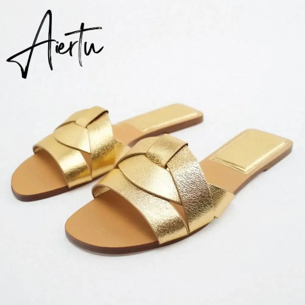 TRAF  Summer Women Flat Sandals Green Metal Chain Slippers Slip on Sandals Slides Peep Toe Beach Shoes Comfortable Flats
