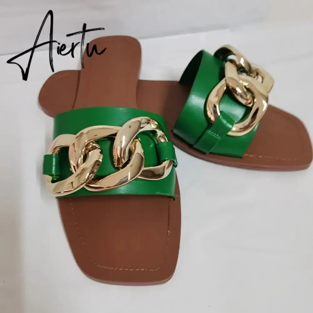 TRAF  Summer Women Flat Sandals Green Metal Chain Slippers Slip on Sandals Slides Peep Toe Beach Shoes Comfortable Flats