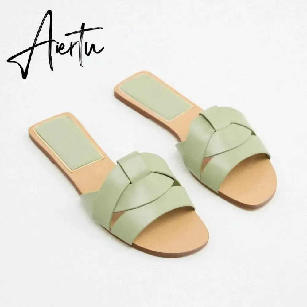 TRAF  Summer Women Flat Sandals Green Metal Chain Slippers Slip on Sandals Slides Peep Toe Beach Shoes Comfortable Flats