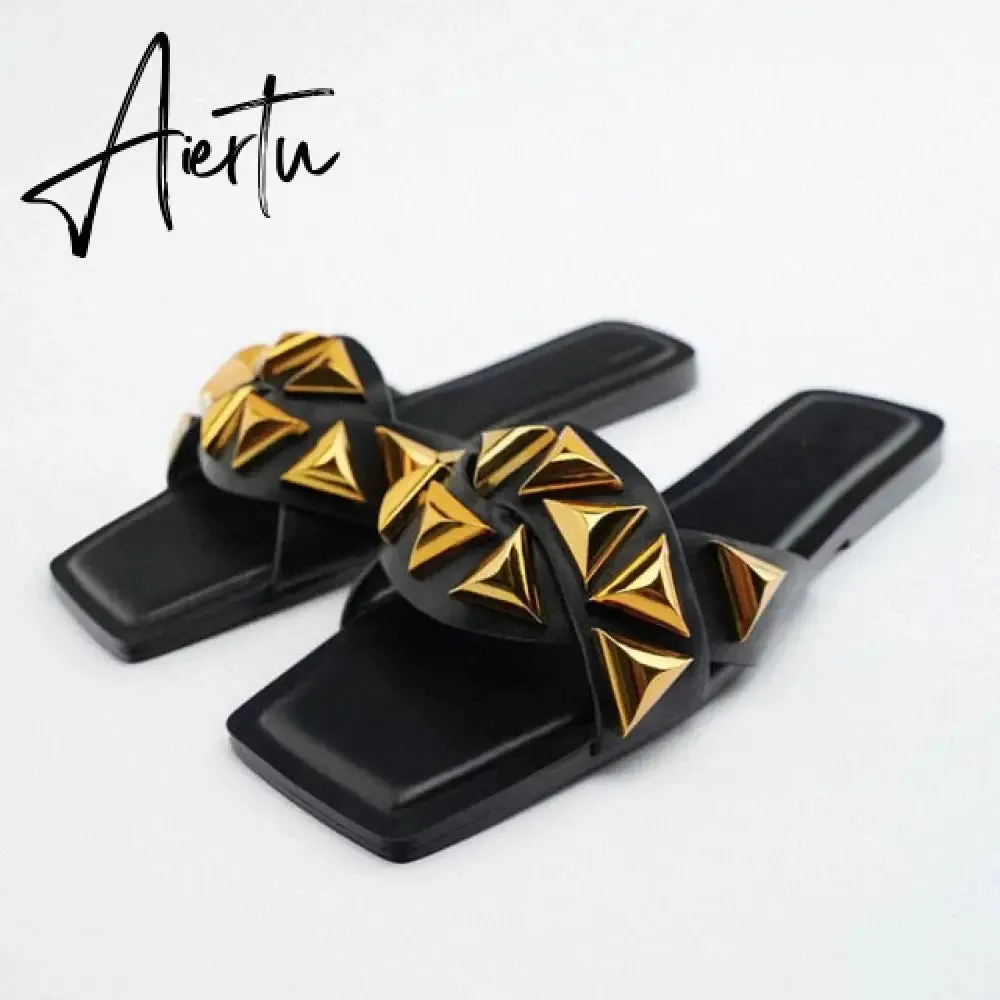 TRAF  Summer Women Flat Sandals Green Metal Chain Slippers Slip on Sandals Slides Peep Toe Beach Shoes Comfortable Flats