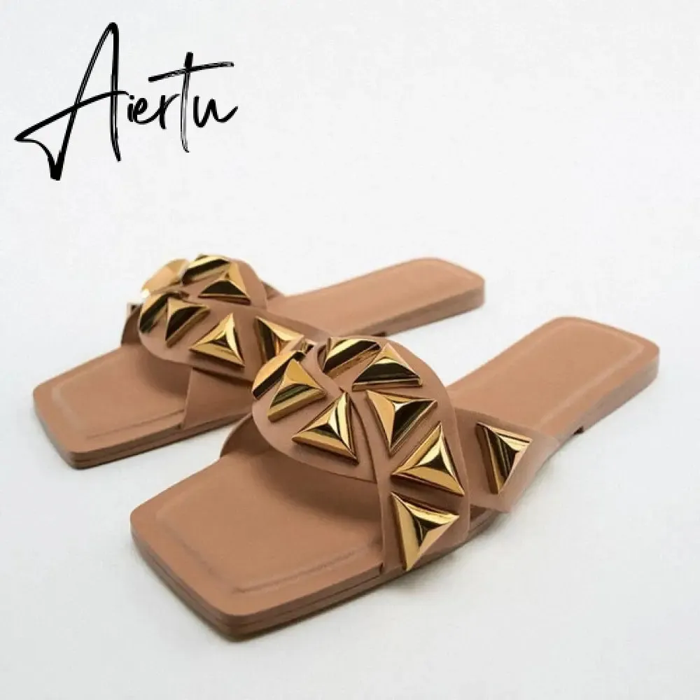 TRAF  Summer Women Flat Sandals Green Metal Chain Slippers Slip on Sandals Slides Peep Toe Beach Shoes Comfortable Flats