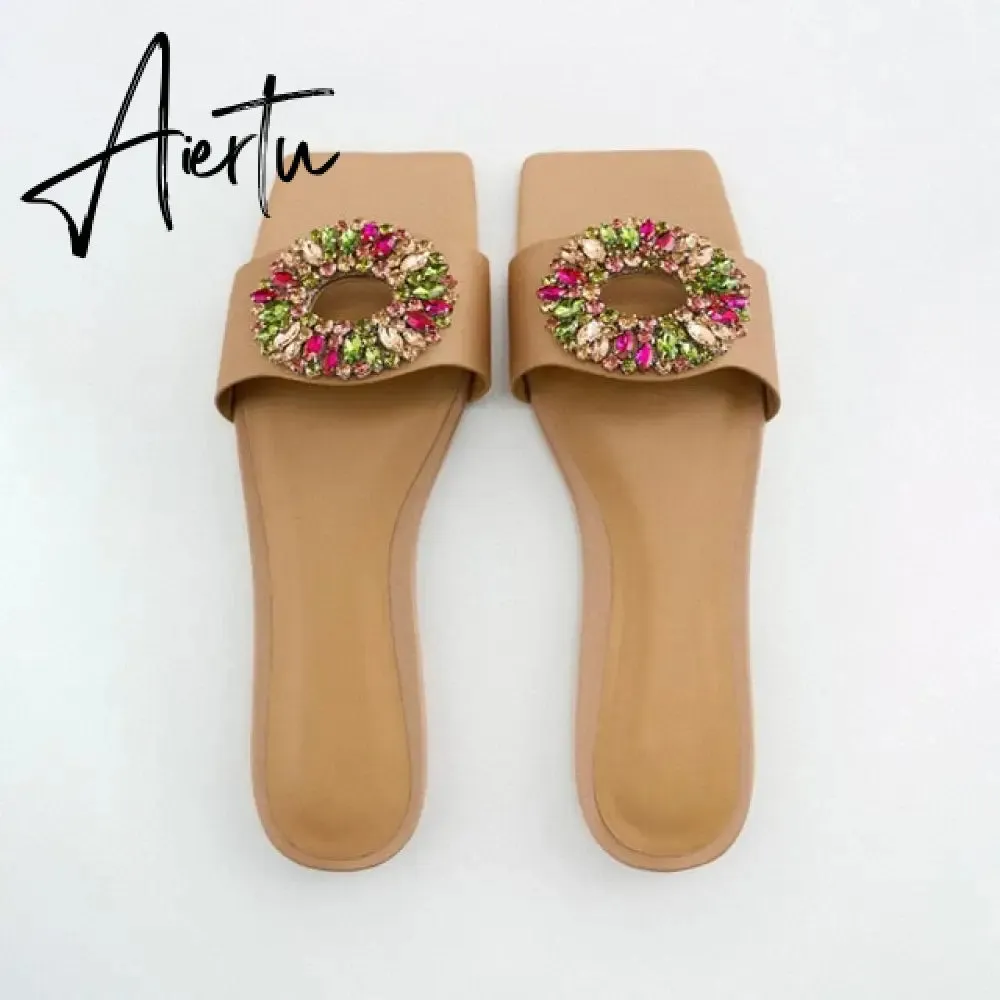 TRAF  Summer Women Flat Sandals Green Metal Chain Slippers Slip on Sandals Slides Peep Toe Beach Shoes Comfortable Flats