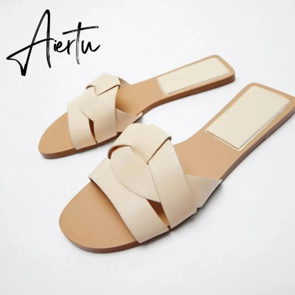 TRAF  Summer Women Flat Sandals Green Metal Chain Slippers Slip on Sandals Slides Peep Toe Beach Shoes Comfortable Flats
