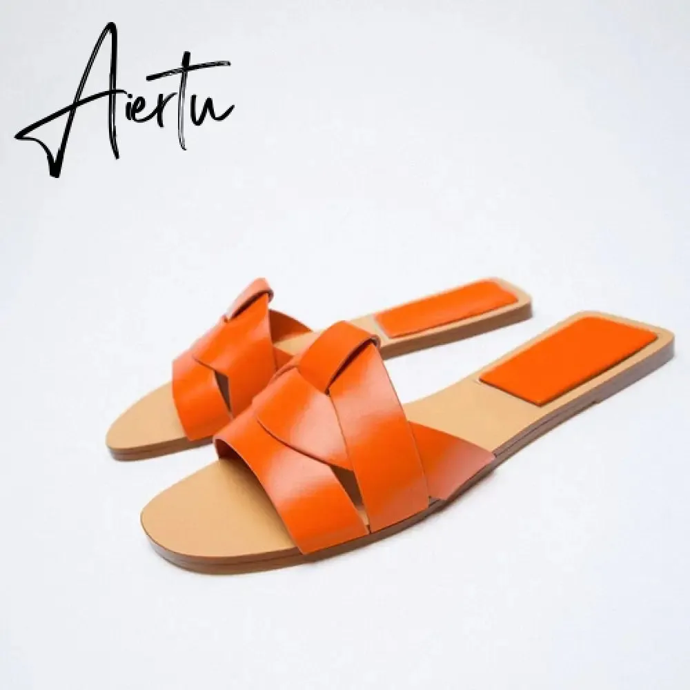 TRAF  Summer Women Flat Sandals Green Metal Chain Slippers Slip on Sandals Slides Peep Toe Beach Shoes Comfortable Flats