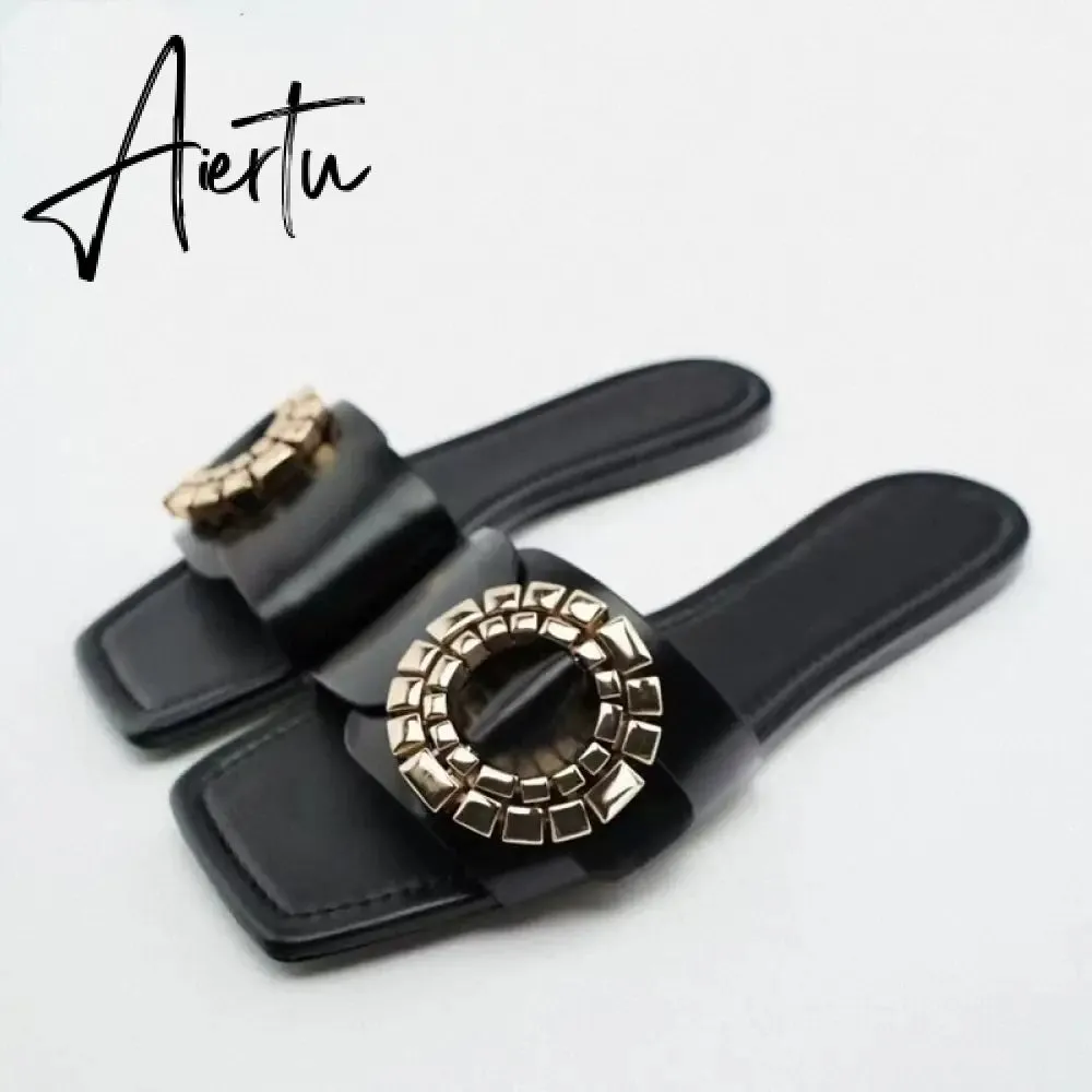TRAF  Summer Women Flat Sandals Green Metal Chain Slippers Slip on Sandals Slides Peep Toe Beach Shoes Comfortable Flats