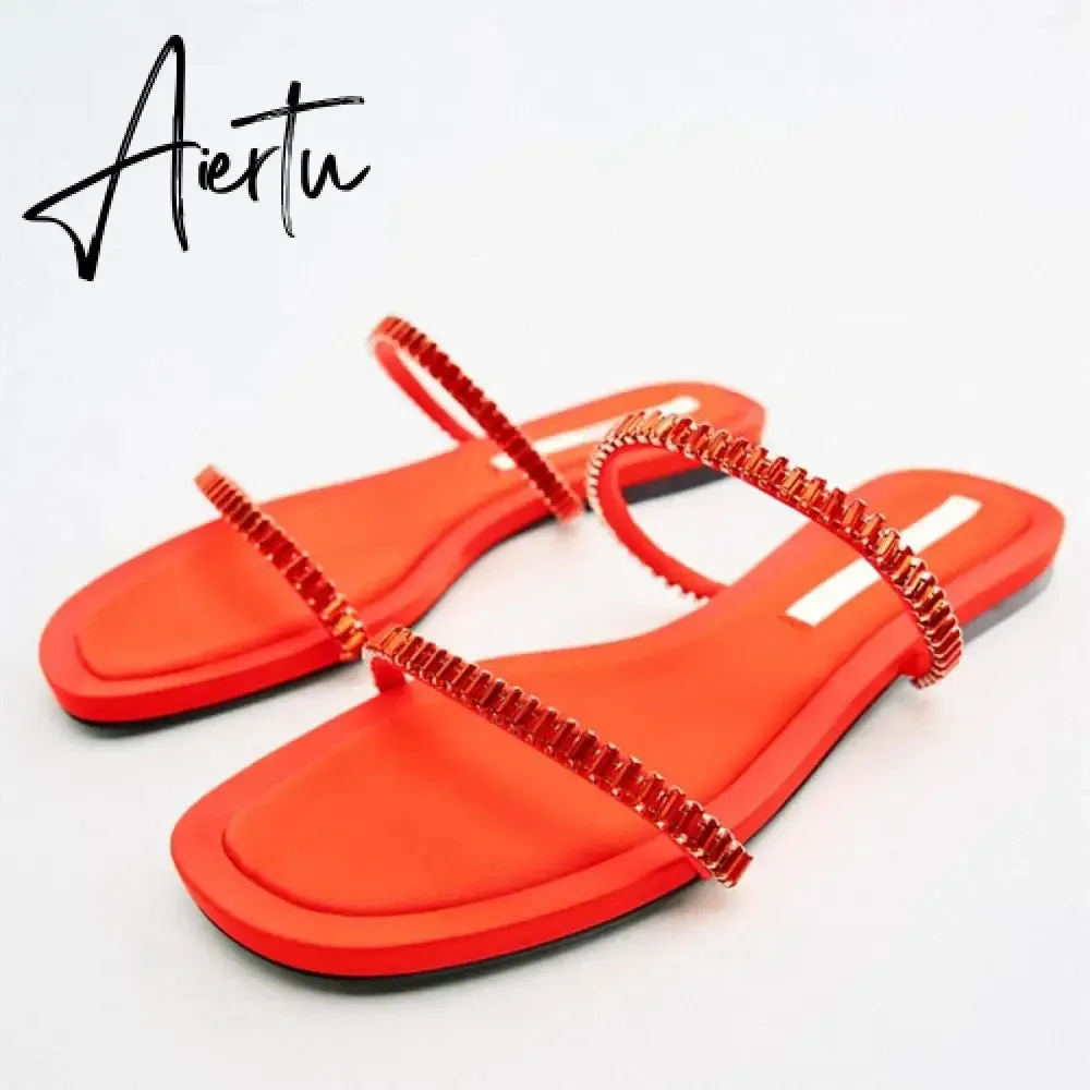 TRAF  Summer Women Flat Sandals Green Metal Chain Slippers Slip on Sandals Slides Peep Toe Beach Shoes Comfortable Flats