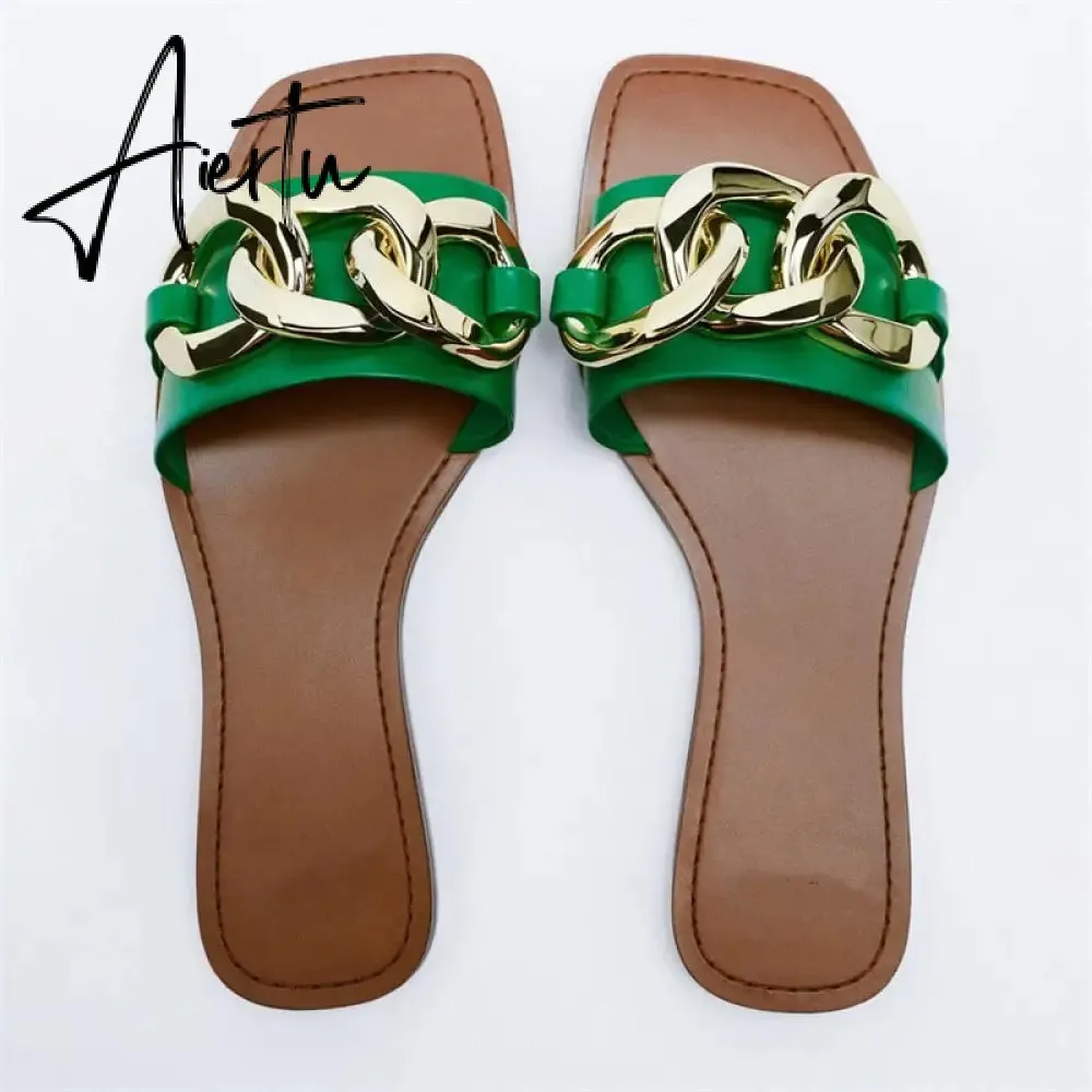 TRAF  Summer Women Flat Sandals Green Metal Chain Slippers Slip on Sandals Slides Peep Toe Beach Shoes Comfortable Flats