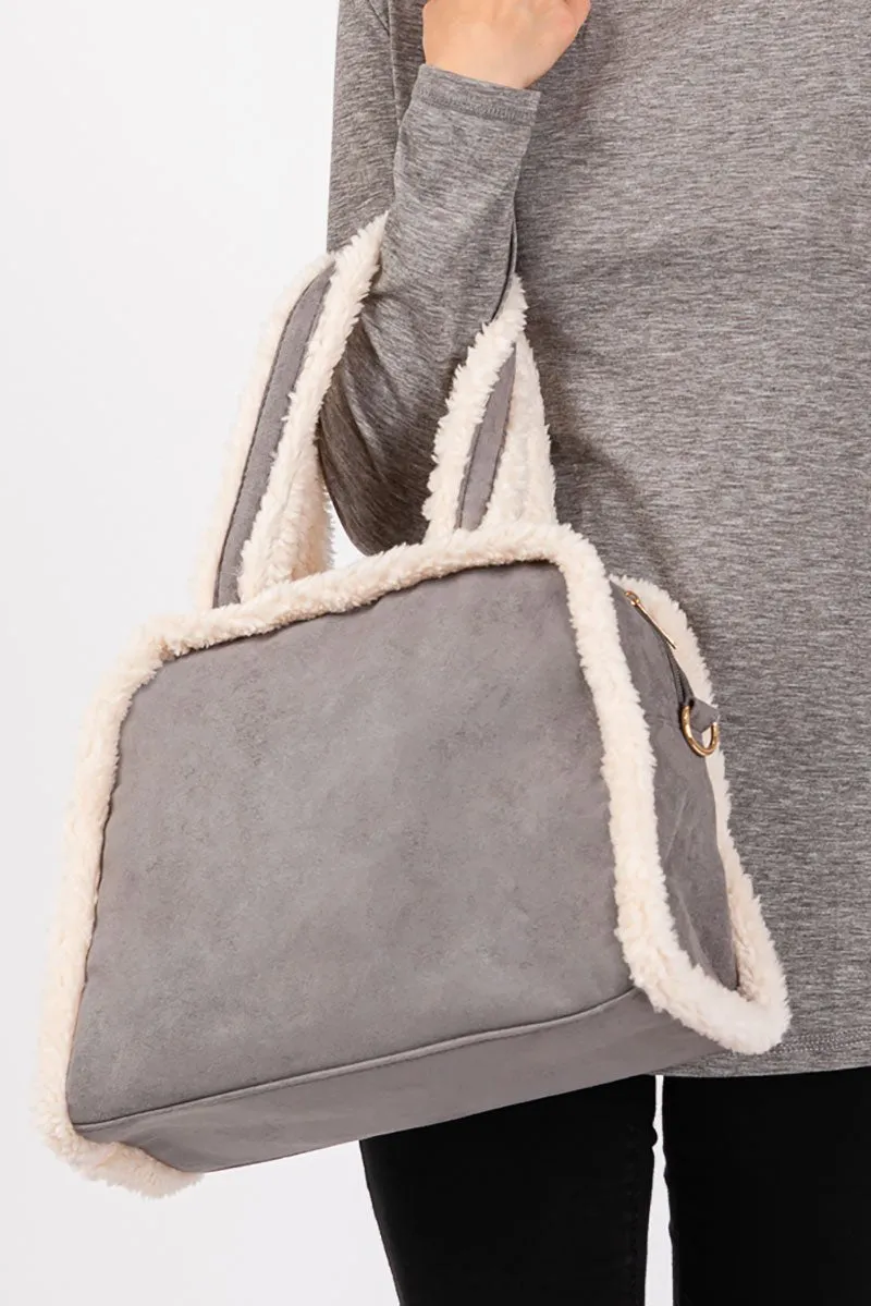 Winter Moonlight Sherpa Trimmed Gray Tote