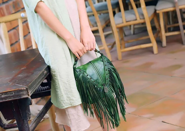 Womens Boho Leather Fringe Crossbody Handbags Small Purses Bags for Women