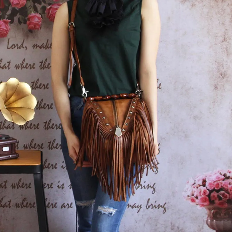 Womens Boho Leather Fringe Crossbody Handbags Small Purses Bags for Women