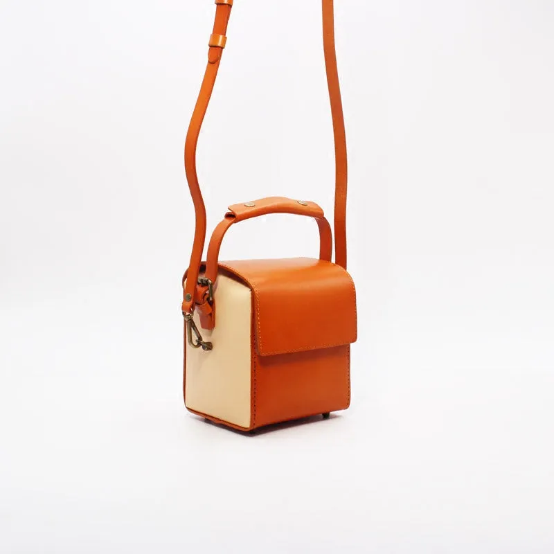 Womens Brown Leather Cube Bag Crossbody Bags Shoulder Bag for Women
