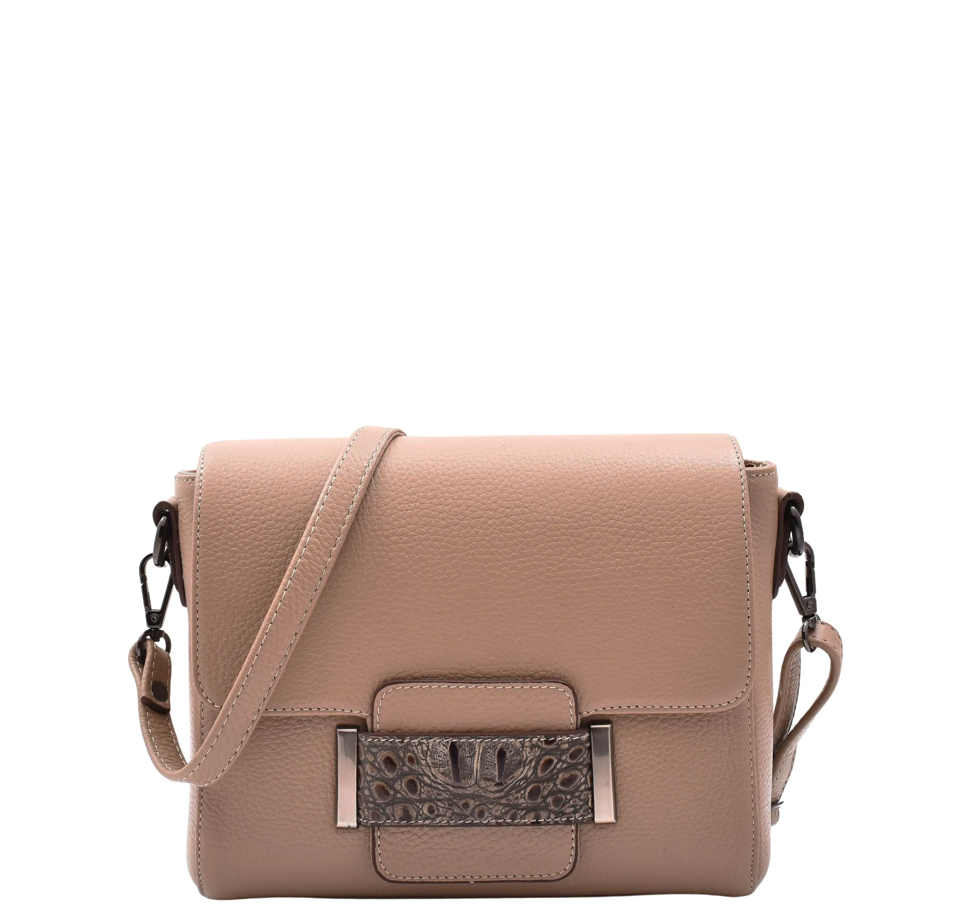 Womens Leather Messenger Bag Croc Trim Cross Body Fashion Handbag A2045 Taupe
