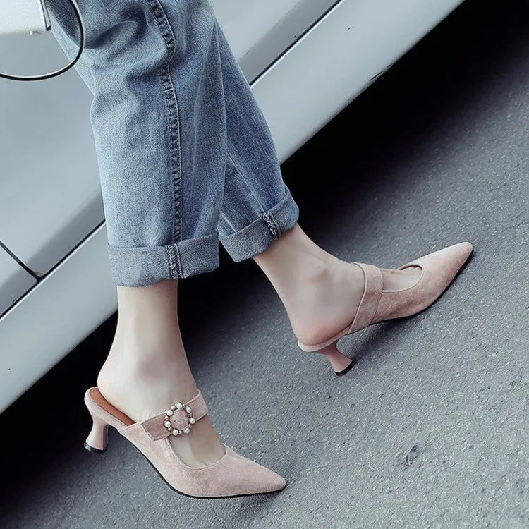 Women's Pointed Toe Pearls Rings Spool Heel Slides Slip On Sandals