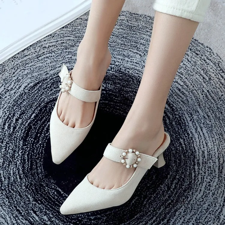 Women's Pointed Toe Pearls Rings Spool Heel Slides Slip On Sandals
