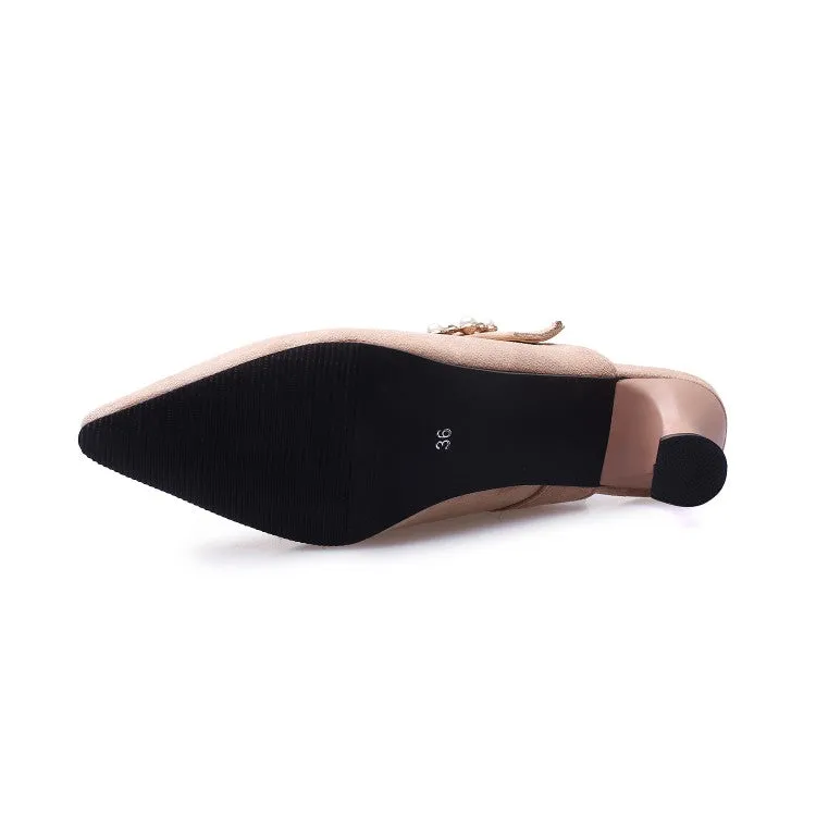 Women's Pointed Toe Pearls Rings Spool Heel Slides Slip On Sandals