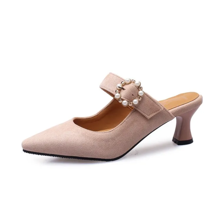 Women's Pointed Toe Pearls Rings Spool Heel Slides Slip On Sandals