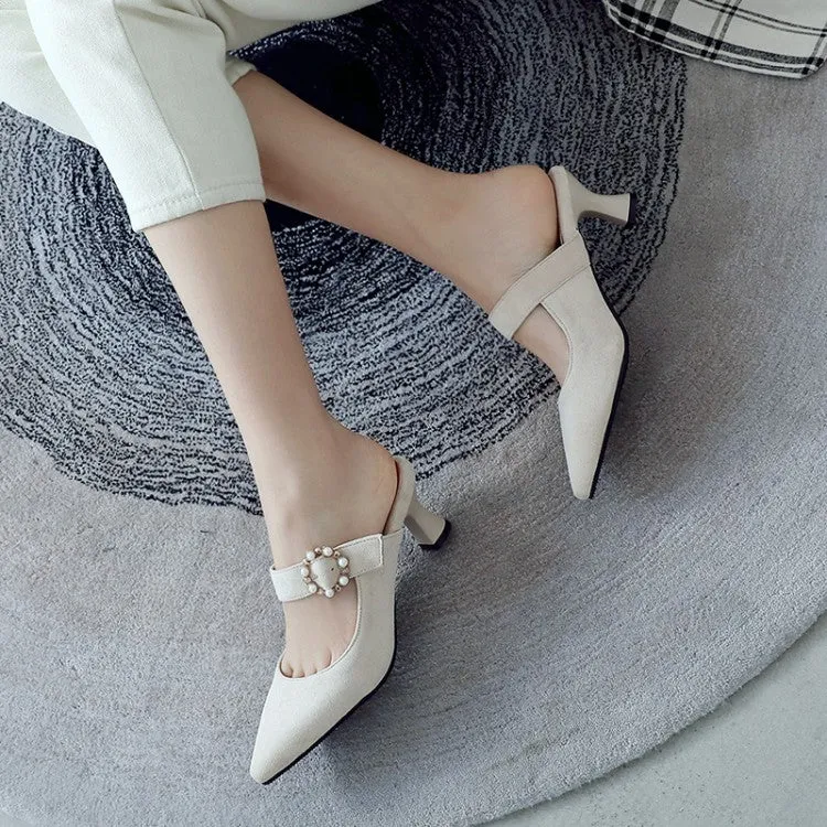 Women's Pointed Toe Pearls Rings Spool Heel Slides Slip On Sandals