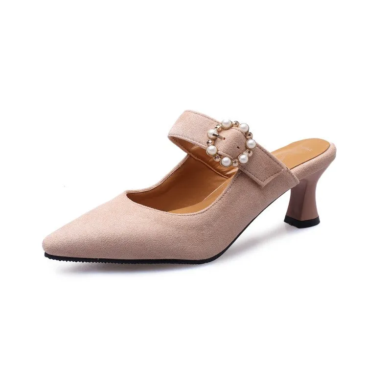 Women's Pointed Toe Pearls Rings Spool Heel Slides Slip On Sandals