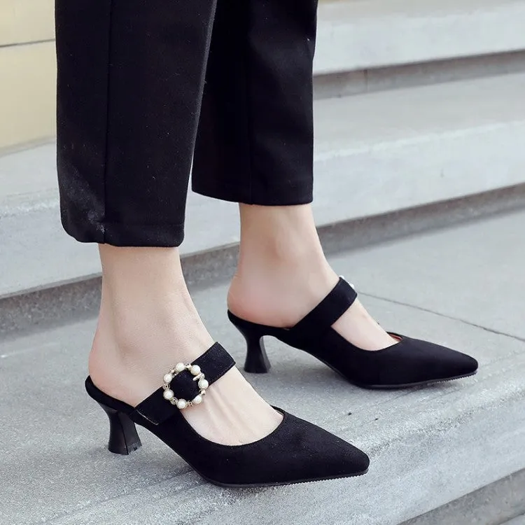 Women's Pointed Toe Pearls Rings Spool Heel Slides Slip On Sandals