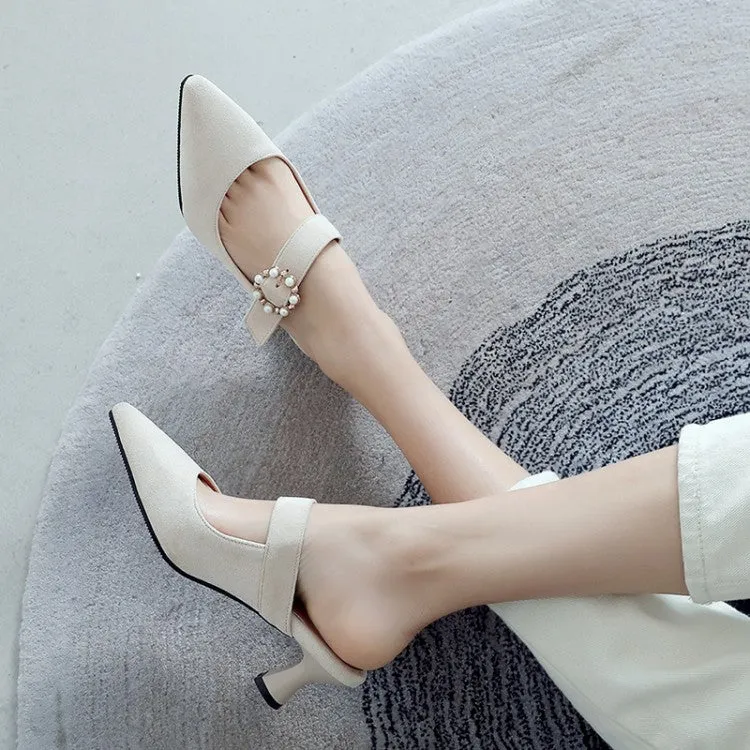 Women's Pointed Toe Pearls Rings Spool Heel Slides Slip On Sandals