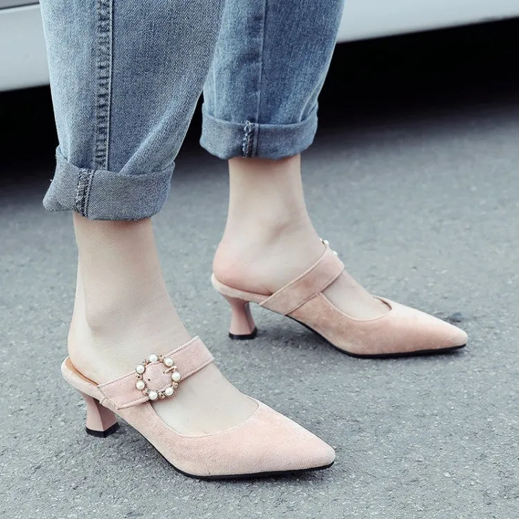 Women's Pointed Toe Pearls Rings Spool Heel Slides Slip On Sandals