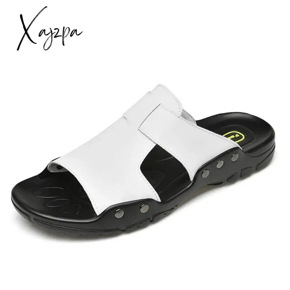 Xajzpa Genuine Leather Slippers Summer Men Shoes Casual Outdoor Flip Flop Indoor Non-Slip Fashion Beach Sandals Big Size 37-52