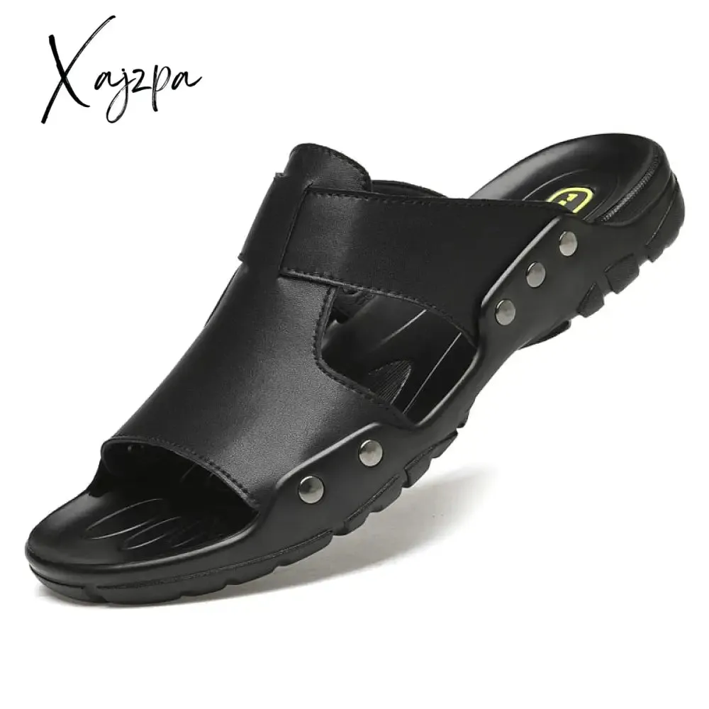 Xajzpa Genuine Leather Slippers Summer Men Shoes Casual Outdoor Flip Flop Indoor Non-Slip Fashion Beach Sandals Big Size 37-52