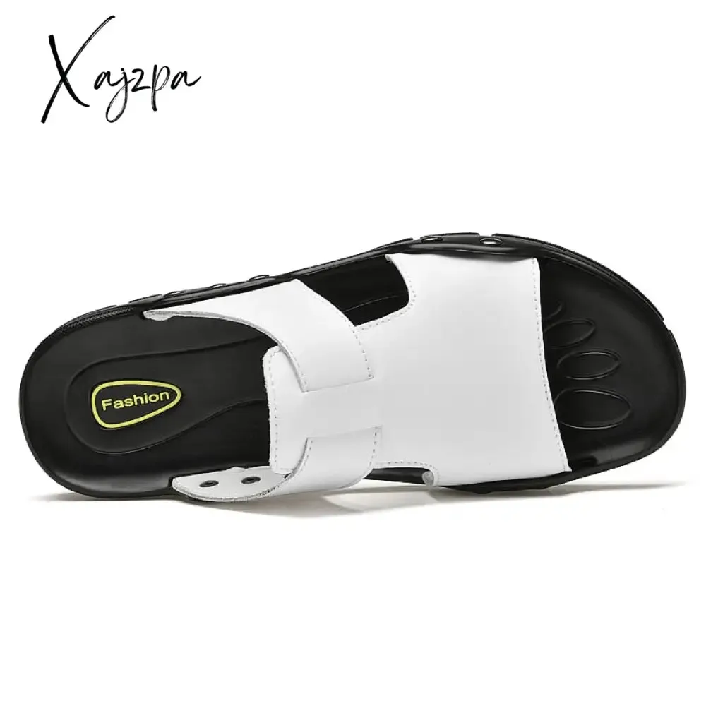 Xajzpa Genuine Leather Slippers Summer Men Shoes Casual Outdoor Flip Flop Indoor Non-Slip Fashion Beach Sandals Big Size 37-52