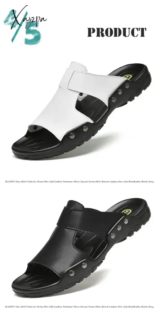 Xajzpa Genuine Leather Slippers Summer Men Shoes Casual Outdoor Flip Flop Indoor Non-Slip Fashion Beach Sandals Big Size 37-52