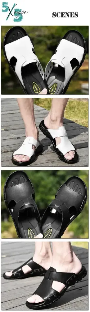 Xajzpa Genuine Leather Slippers Summer Men Shoes Casual Outdoor Flip Flop Indoor Non-Slip Fashion Beach Sandals Big Size 37-52