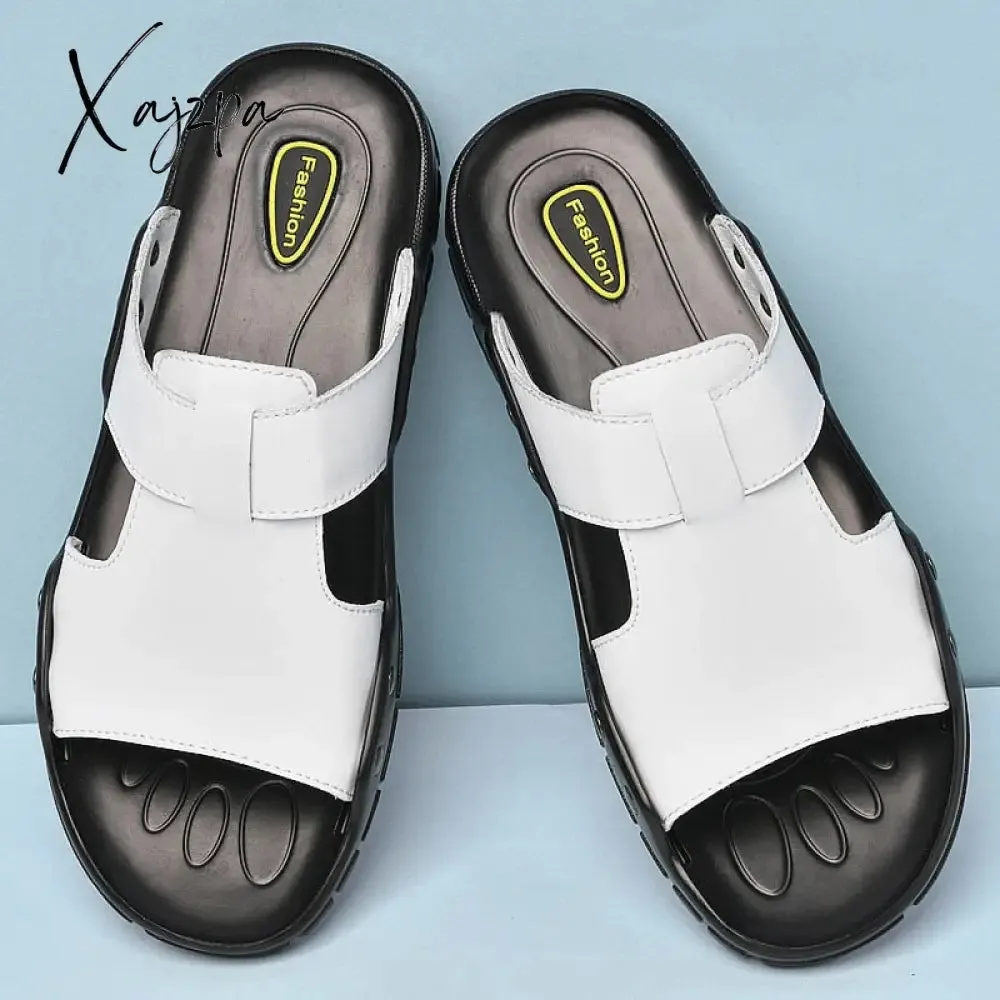 Xajzpa Genuine Leather Slippers Summer Men Shoes Casual Outdoor Flip Flop Indoor Non-Slip Fashion Beach Sandals Big Size 37-52