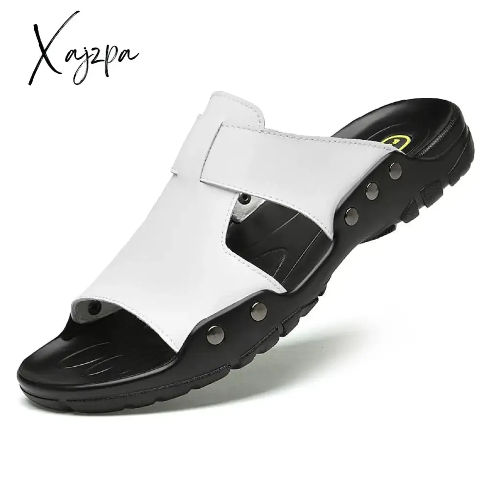 Xajzpa Genuine Leather Slippers Summer Men Shoes Casual Outdoor Flip Flop Indoor Non-Slip Fashion Beach Sandals Big Size 37-52