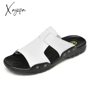 Xajzpa Genuine Leather Slippers Summer Men Shoes Casual Outdoor Flip Flop Indoor Non-Slip Fashion Beach Sandals Big Size 37-52
