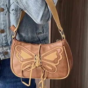 Xajzpa - Vintage Shoulder Bag Pu Leather Lace Straps Butterfly Women Bag Handbag Chain Underarm Bag Tote Bags Purses Handbags Little Bag