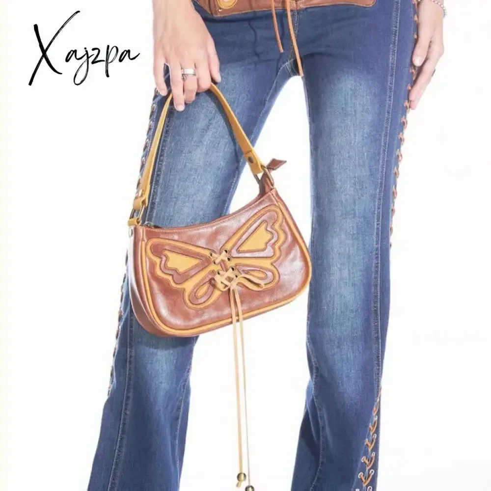 Xajzpa - Vintage Shoulder Bag Pu Leather Lace Straps Butterfly Women Bag Handbag Chain Underarm Bag Tote Bags Purses Handbags Little Bag