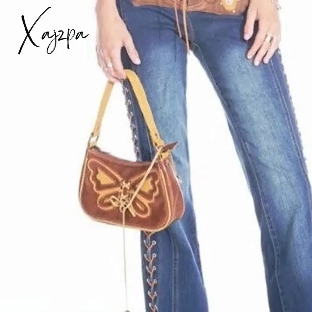 Xajzpa - Vintage Shoulder Bag Pu Leather Lace Straps Butterfly Women Bag Handbag Chain Underarm Bag Tote Bags Purses Handbags Little Bag
