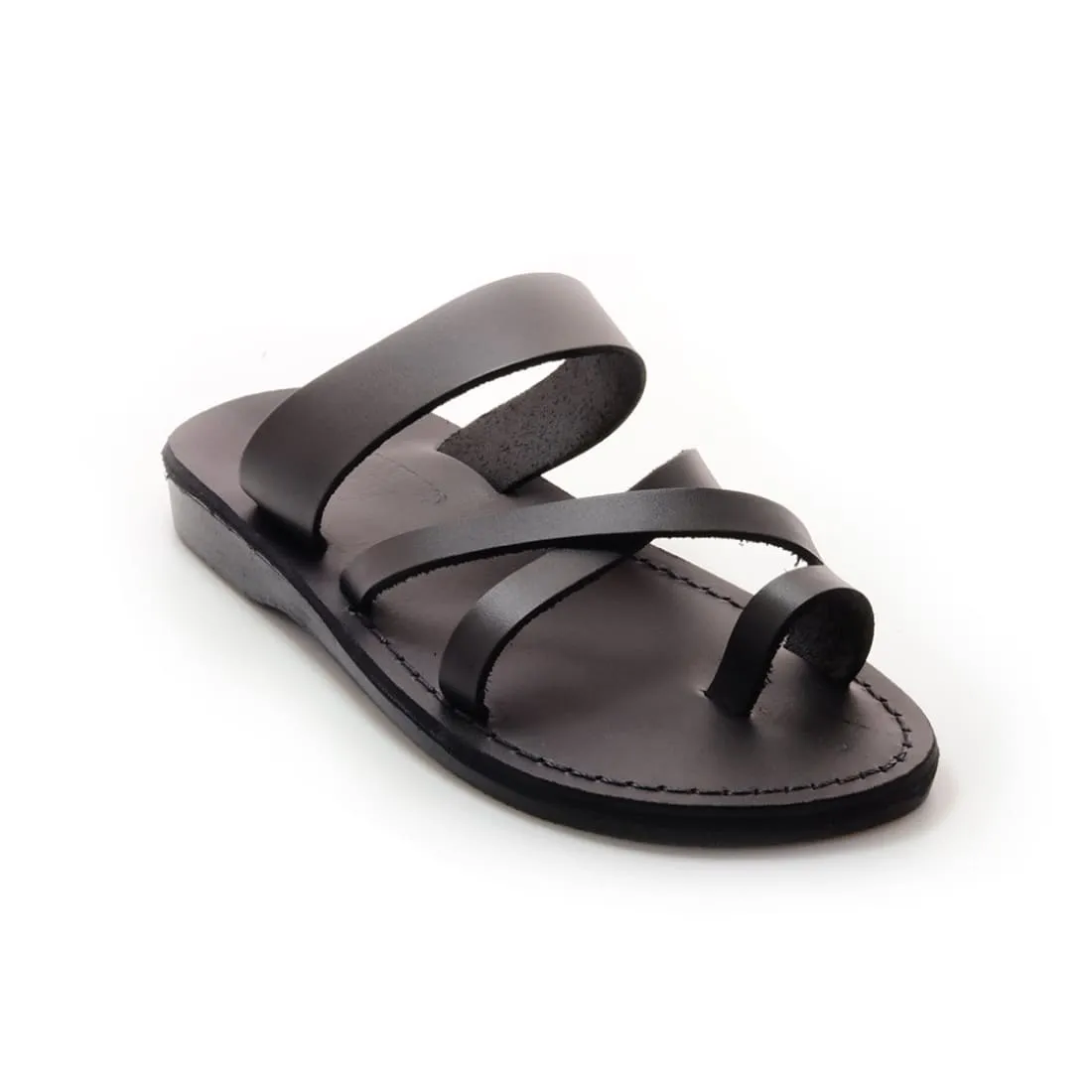 Zidim - Black leather toe ring slip-on sandal