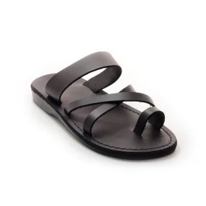 Zidim - Black leather toe ring slip-on sandal